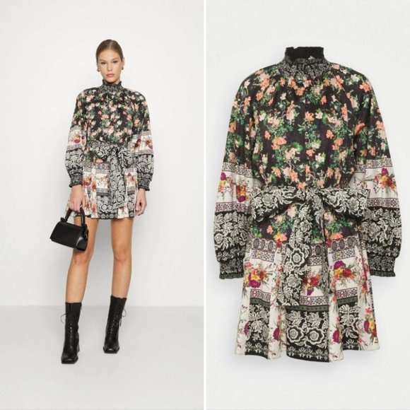 Alice + Olivia JANIS RAGLAN Floral belted mock neck boho Fall mini dress Size 6 - Picture 5 of 15